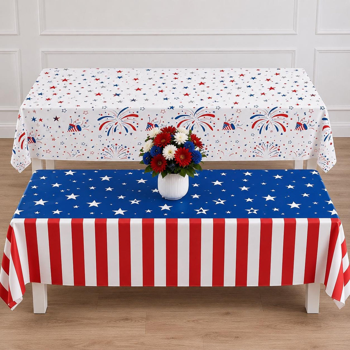 2 Pack Patriotic Tablecloths 54x108 Inch Disposable 4th of July Party Table Covers