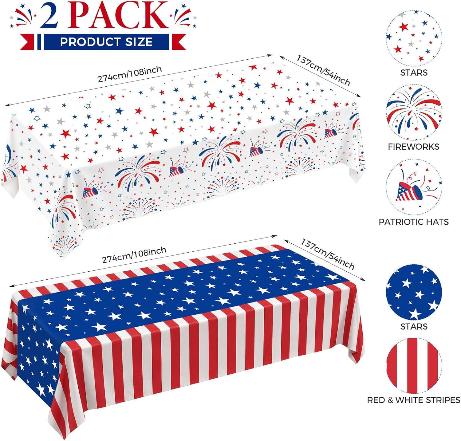 2 Pack Patriotic Tablecloths 54x108 Inch Disposable 4th of July Party Table Covers