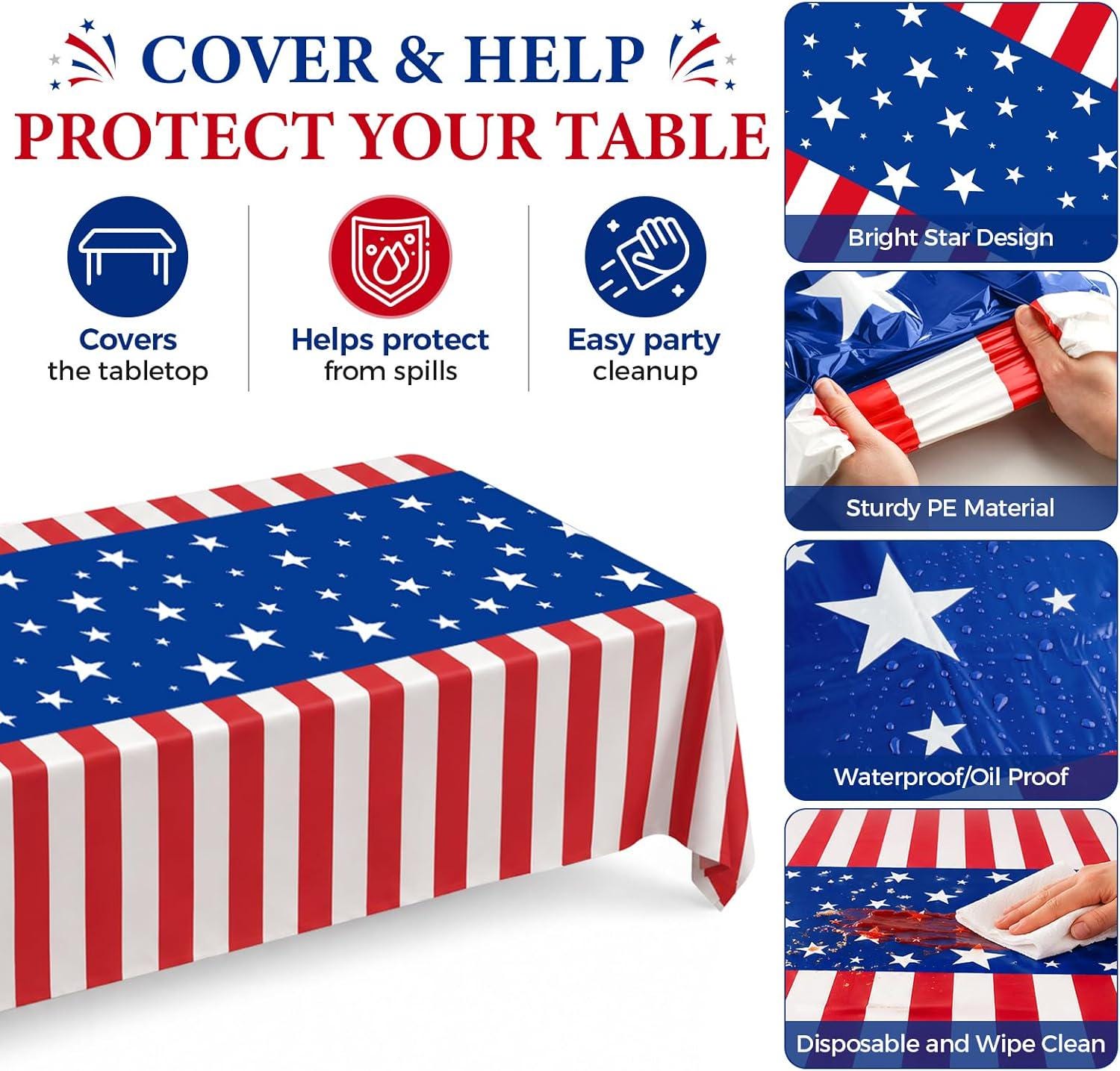 2 Pack Patriotic Tablecloths 54x108 Inch Disposable 4th of July Party Table Covers