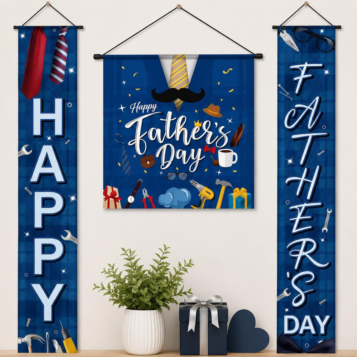 3PCS Happy Father's Day Porch Banner Set Blue Door Hanging Decorations for Dad