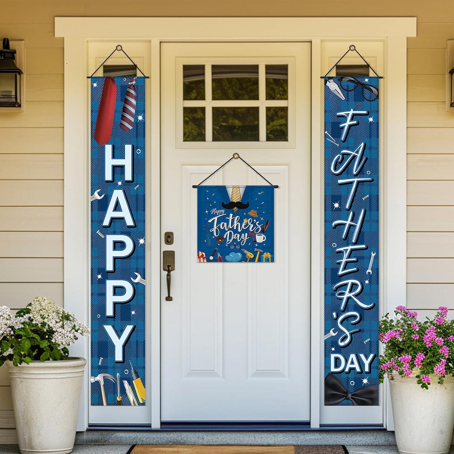 3PCS Happy Father's Day Porch Banner Set Blue Door Hanging Decorations for Dad