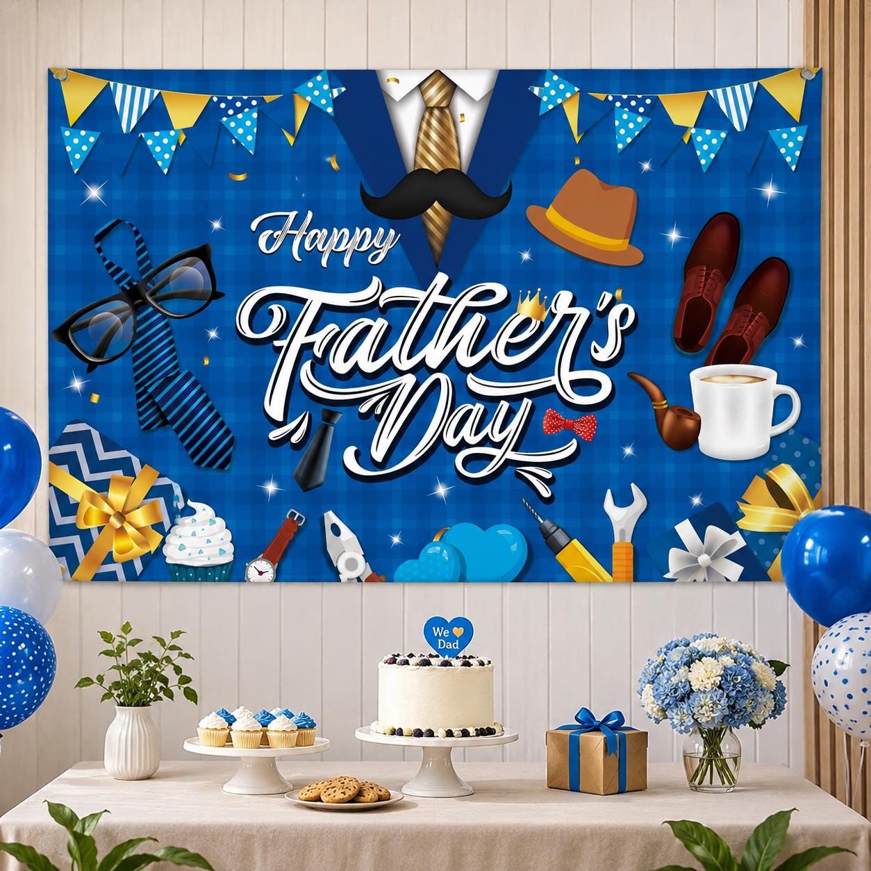 Happy Father's Day Backdrop Blue Shirt Banner Large Photo Booth Decoration for Dad