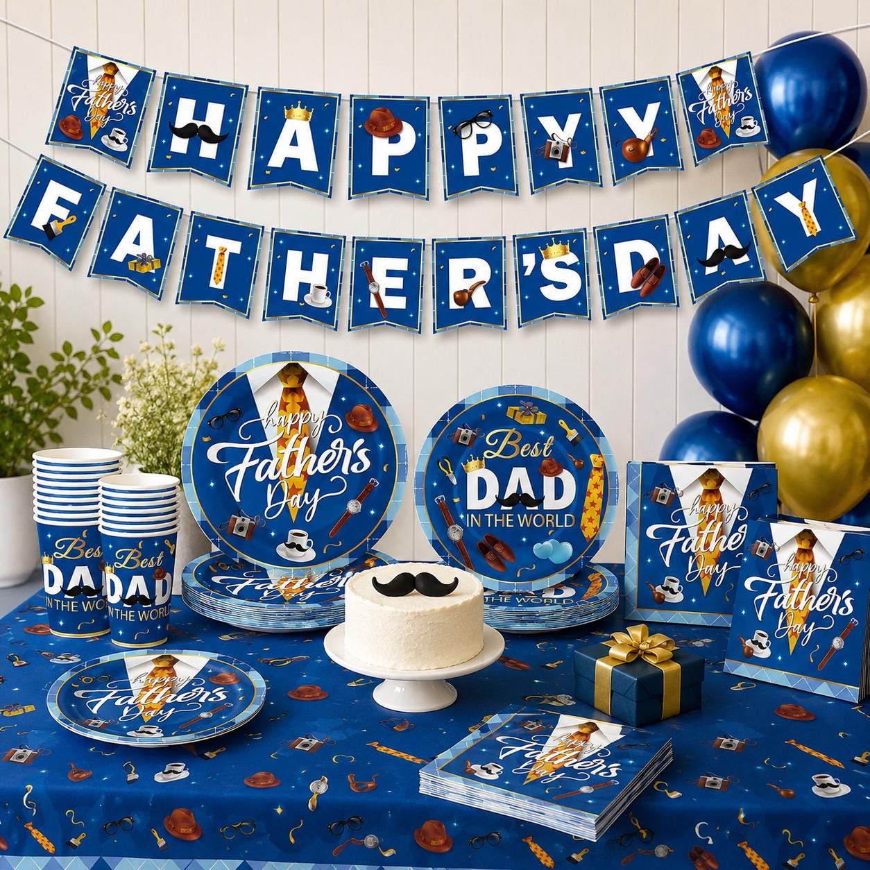Happy Father's Day Party Supplies Set for 20 Guests – Blue Themed Dinnerware & Banner
