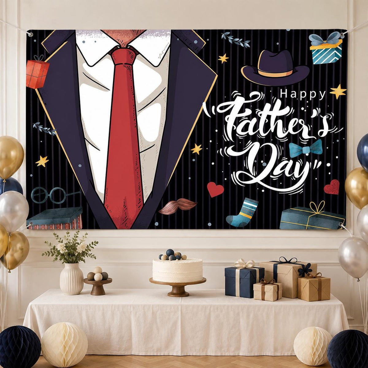 Extra Large Happy Father's Day Backdrop Banner 70.9x45.3 Inch Black Party Decorations