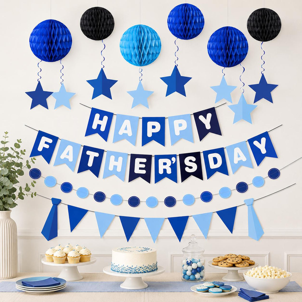 17PCS Father's Day Decorations Set Banner Hanging Swirls Honeycomb Balls Navy Blue Party Supplies