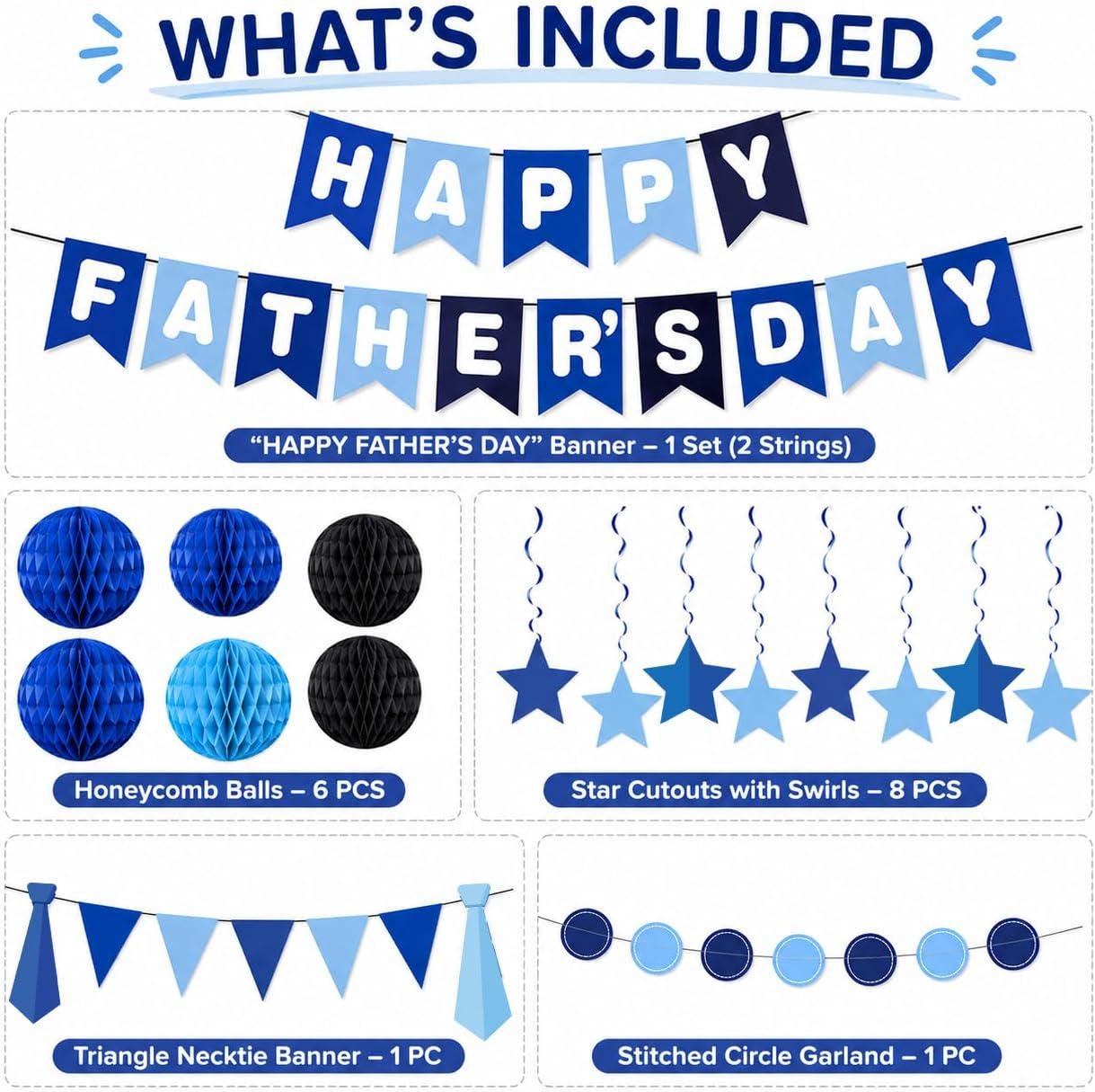17PCS Father's Day Decorations Set Banner Hanging Swirls Honeycomb Balls Navy Blue Party Supplies