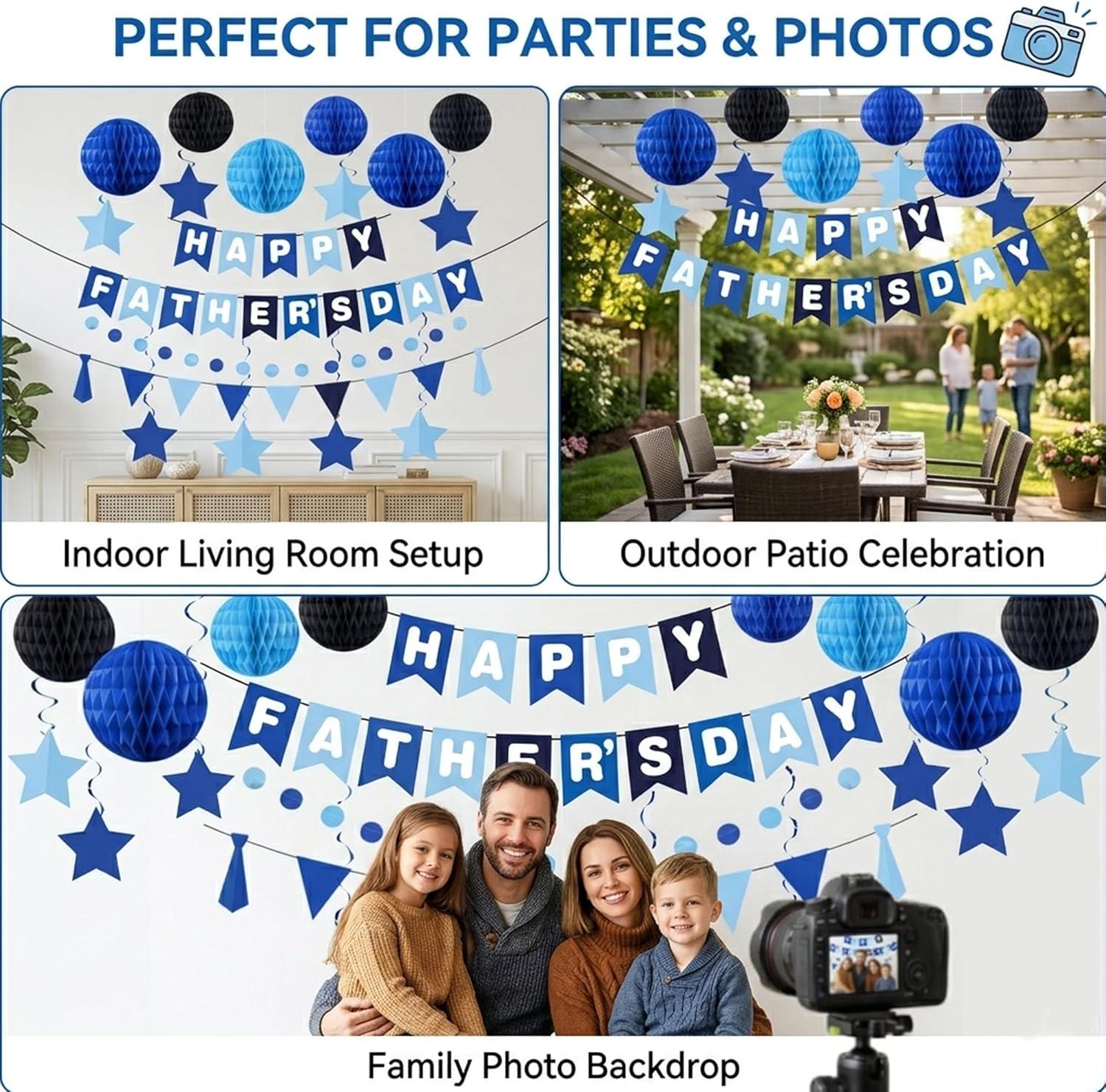 17PCS Father's Day Decorations Set Banner Hanging Swirls Honeycomb Balls Navy Blue Party Supplies