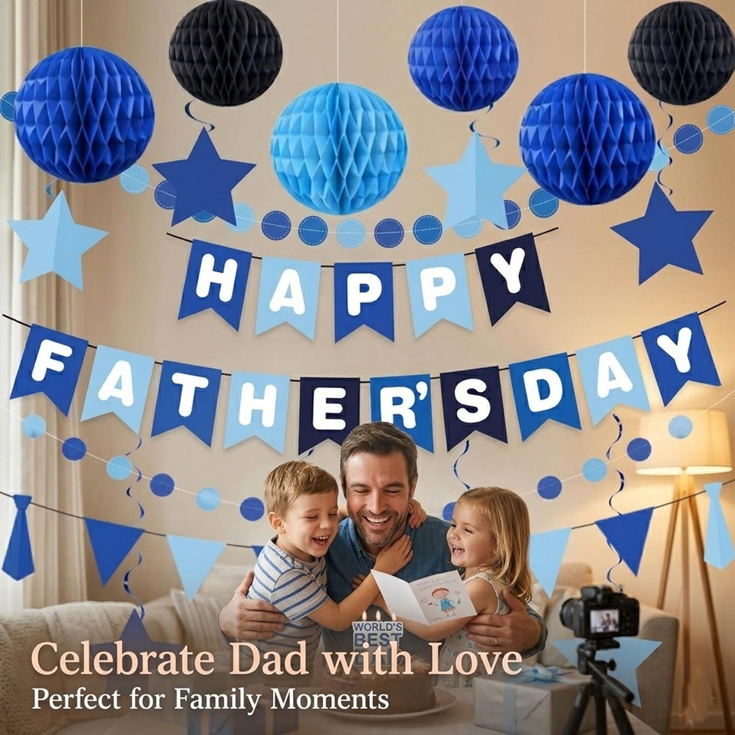 17PCS Father's Day Decorations Set Banner Hanging Swirls Honeycomb Balls Navy Blue Party Supplies