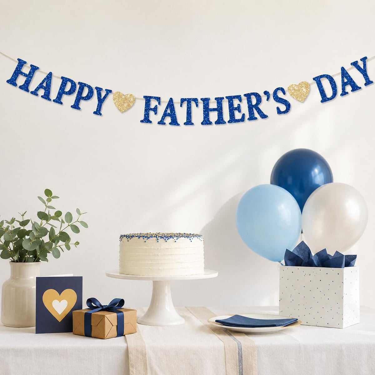 Glitter Blue Happy Father's Day Banner Garland Decorations for Dad Papa Party Supplies