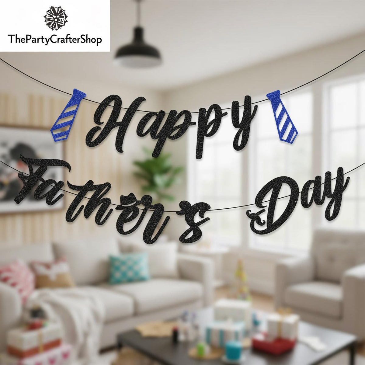 Happy Father's Day Glitter Banner Pre-Strung Black Letter Garland with Blue Tie Decorations