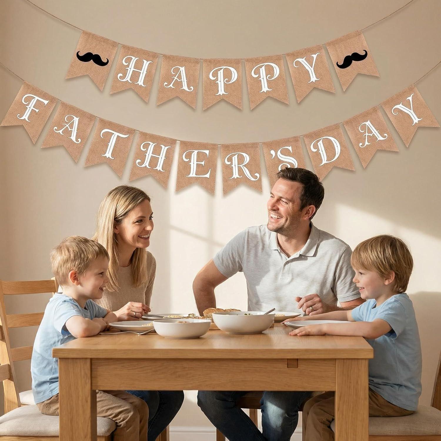 Happy Father's Day Rustic Burlap Banner with Mustache Garland Decorations for Dad Party