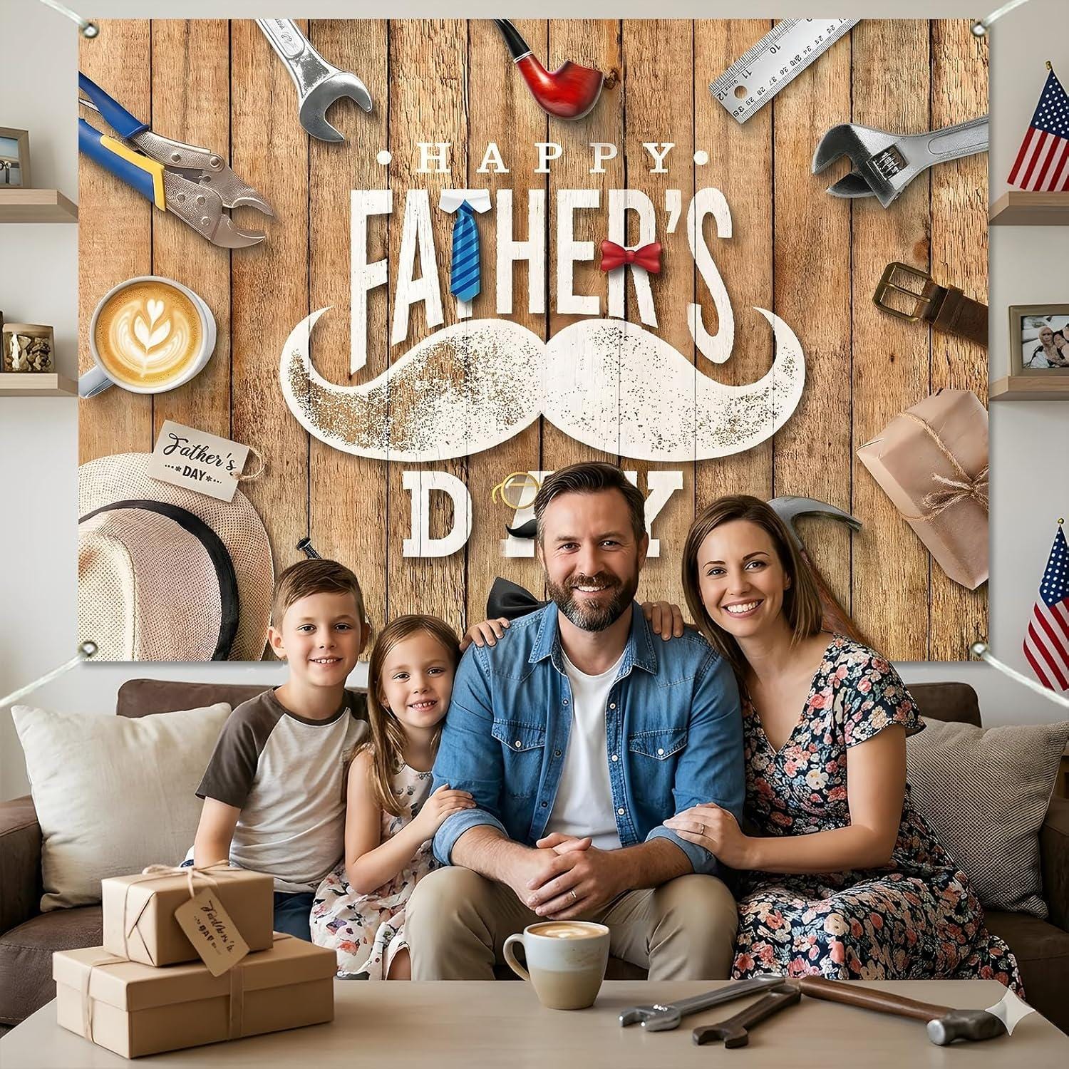 7x5FT Rustic Wood Happy Father's Day Backdrop Tools & Tie Theme Photo Banner Decorations