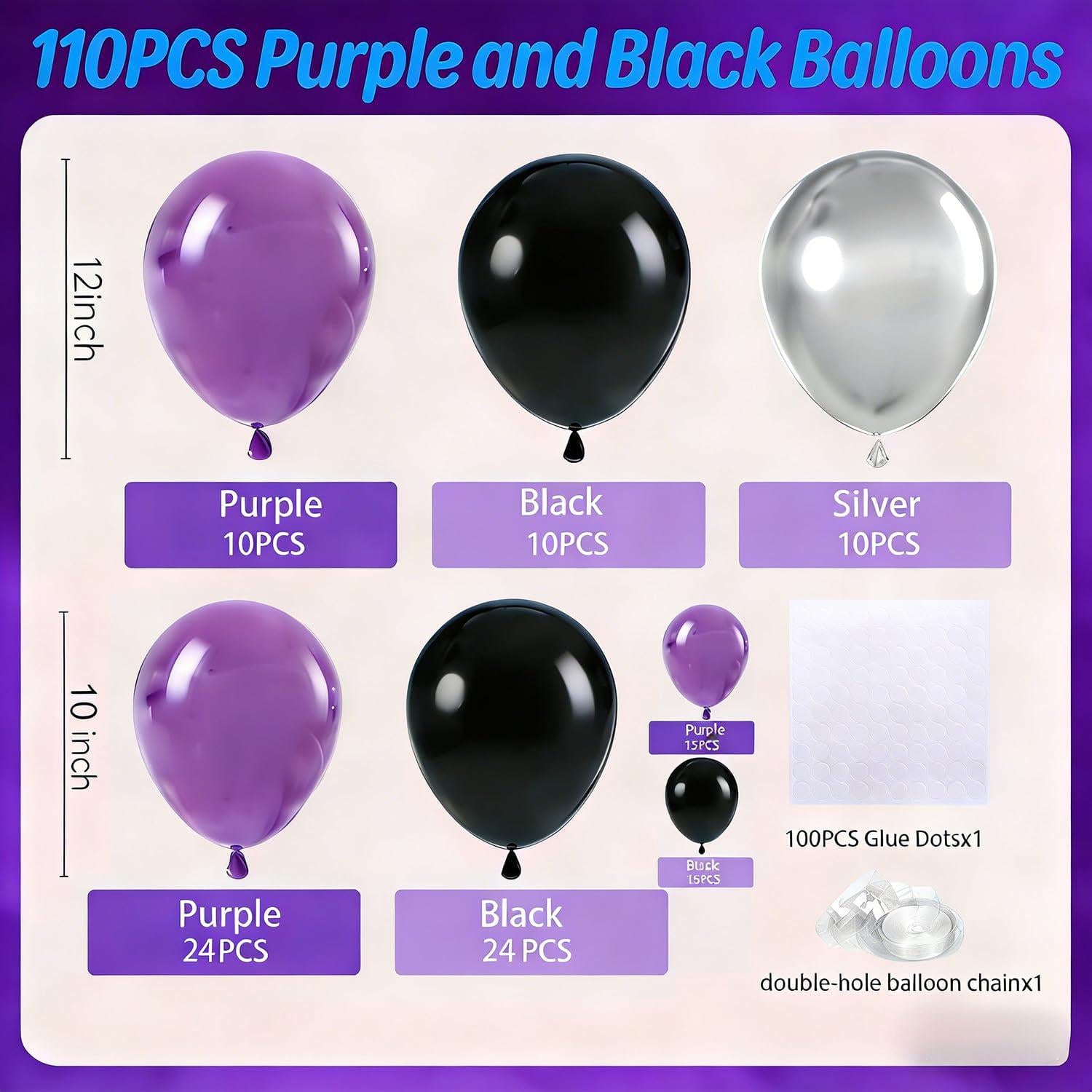 Purple Black Silver Balloon Arch Kit 110 Pcs Garland for Birthday Graduation Party Decor