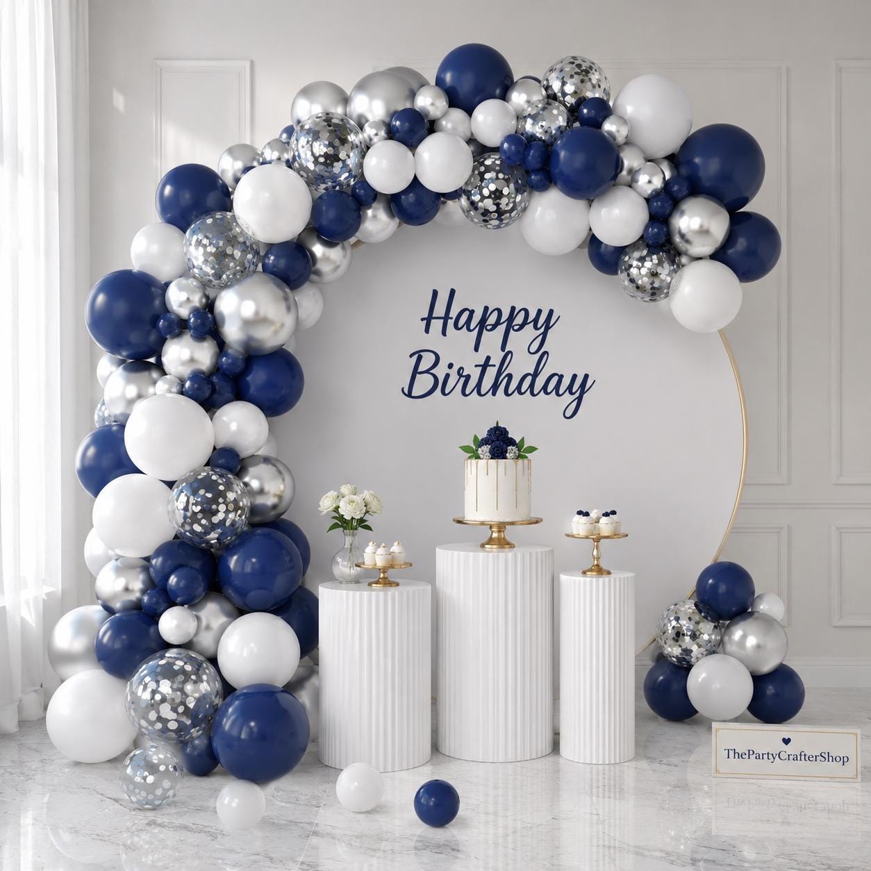 Navy Blue Silver Balloon Arch Garland Kit 122 Pcs White Confetti Party Decor