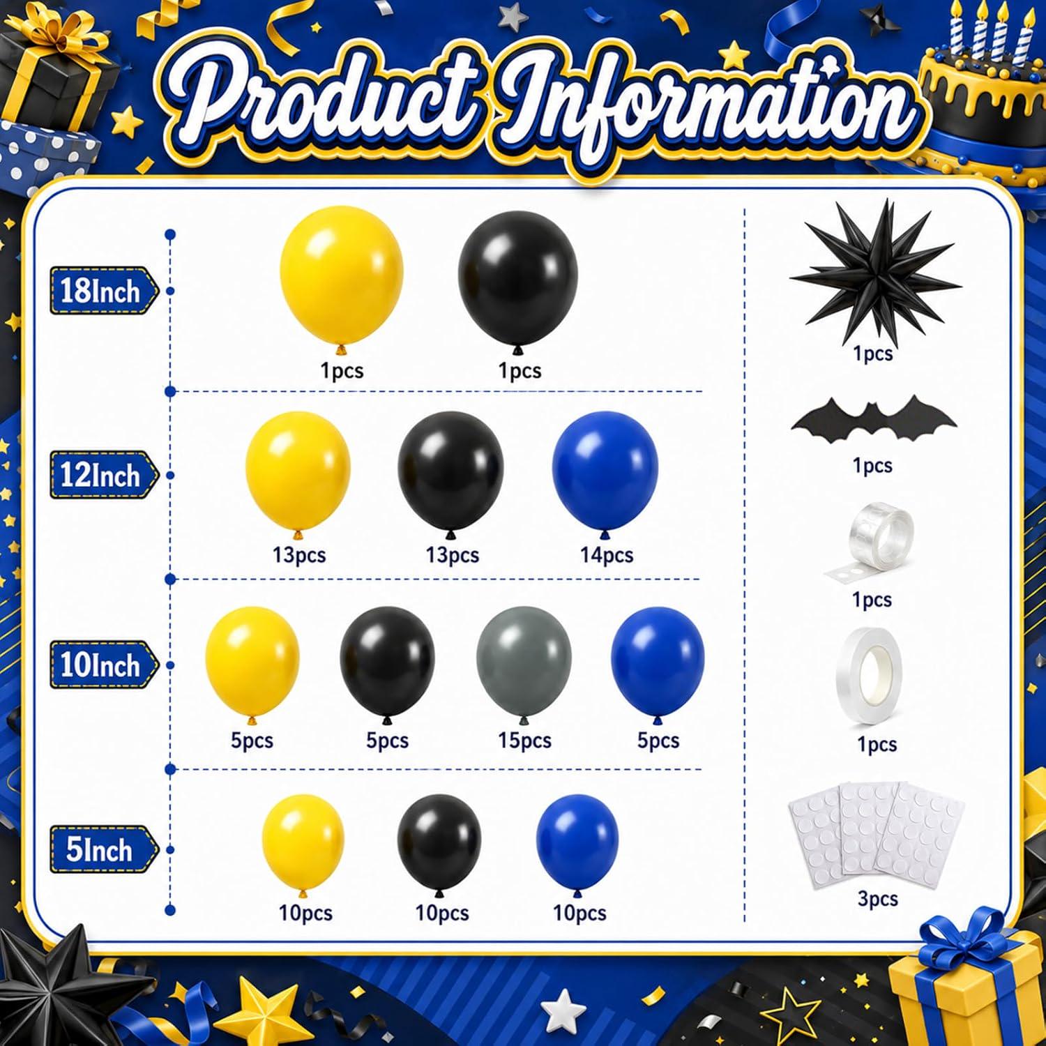 Black Yellow Grey Blue Balloon Arch Kit with Bat Stickers for Birthday Party Decorations