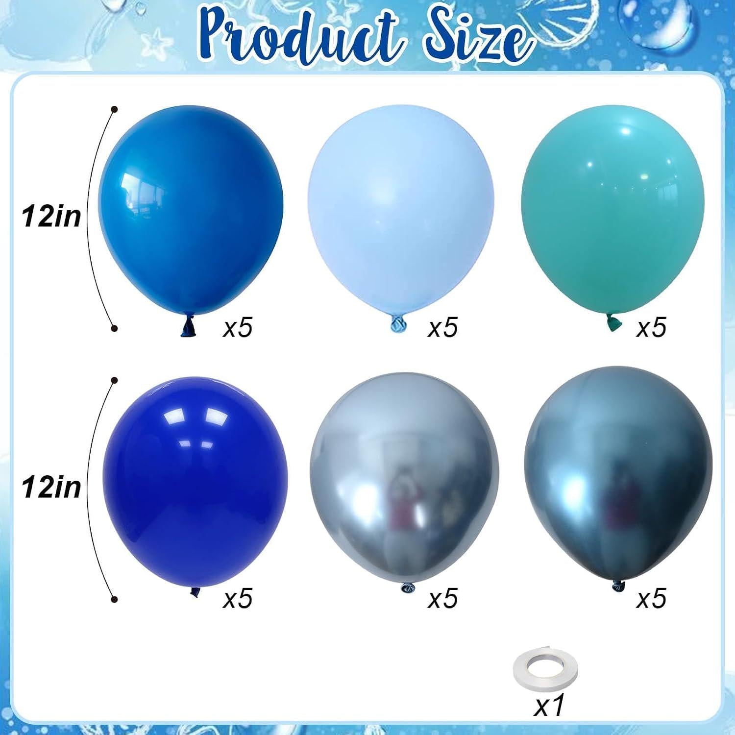 Blue Balloon Set Metallic Chrome Latex Balloons for Birthday Wedding Ocean Party Decor