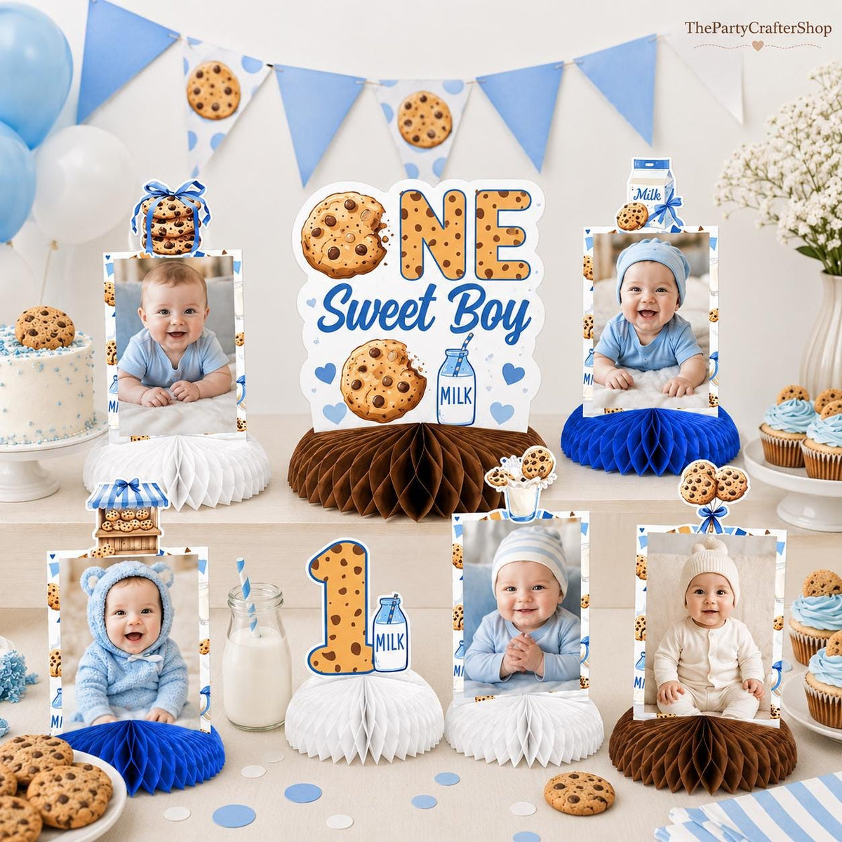 Milk & Cookies 1st Birthday Decorations 8PCS One Sweet Boy Honeycomb Centerpieces Table Decor