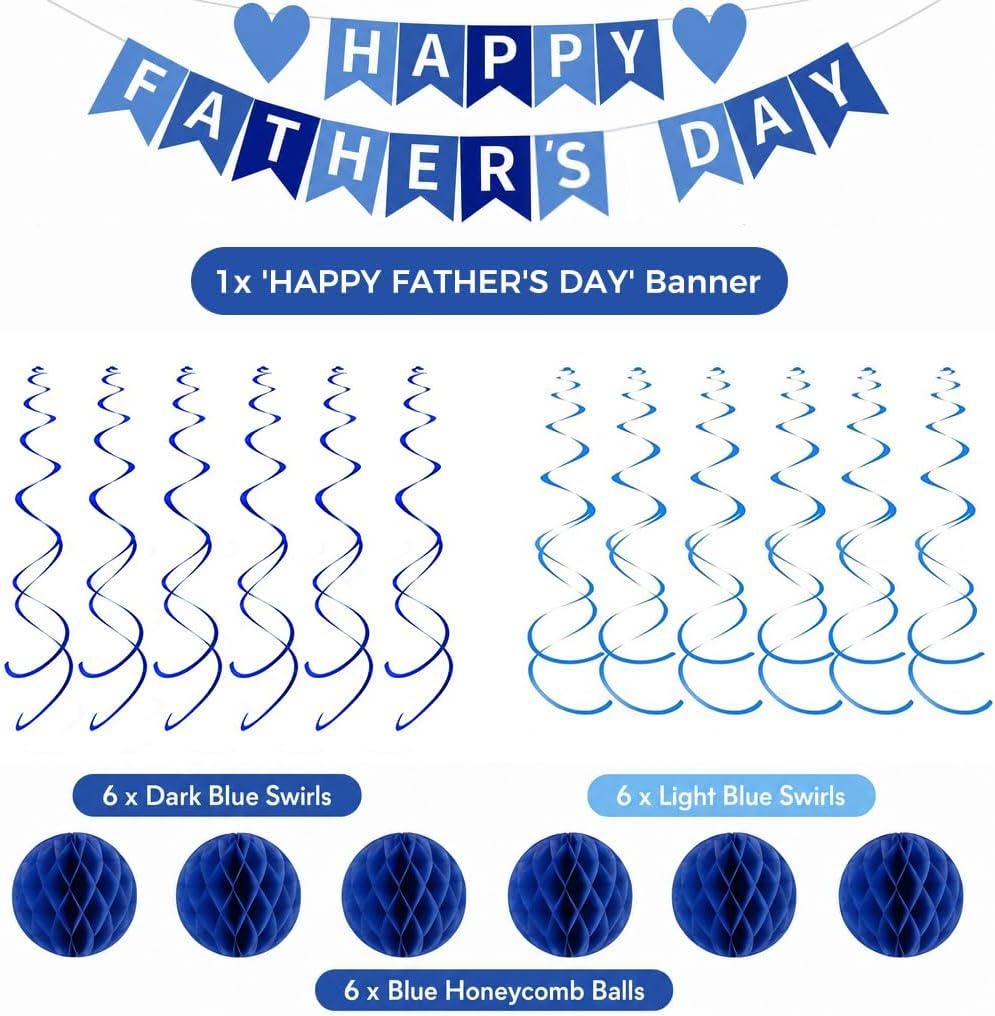Happy Father's Day Party Decoration Kit Banner Honeycomb Balls Hanging Swirls Blue Heart Theme