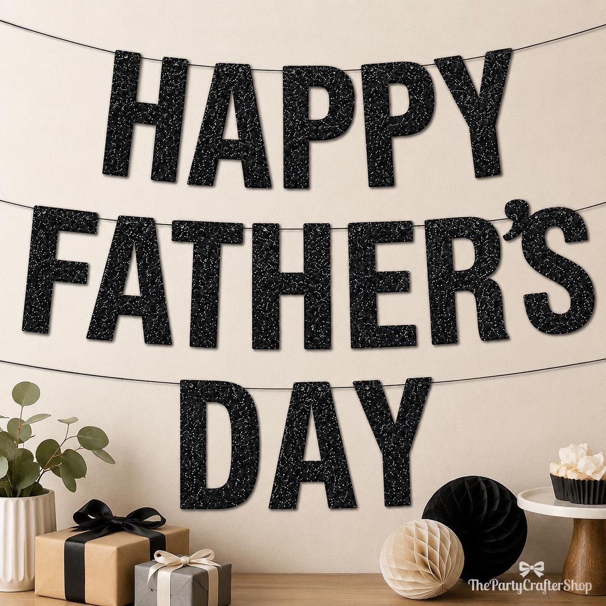 Happy Father's Day Black Glitter Script Banner Garland Photo Booth Party Decorations