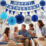 17PCS Father's Day Decorations Set Blue Silver Banner Paper Fans Hanging Swirls Party Supplies