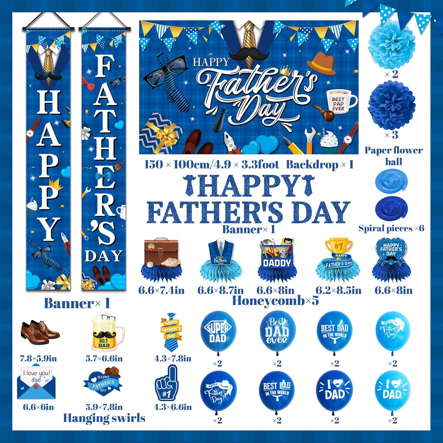 Happy Father's Day Decorations Set Banner Backdrop Balloons Hanging Swirls & Paper Pompoms