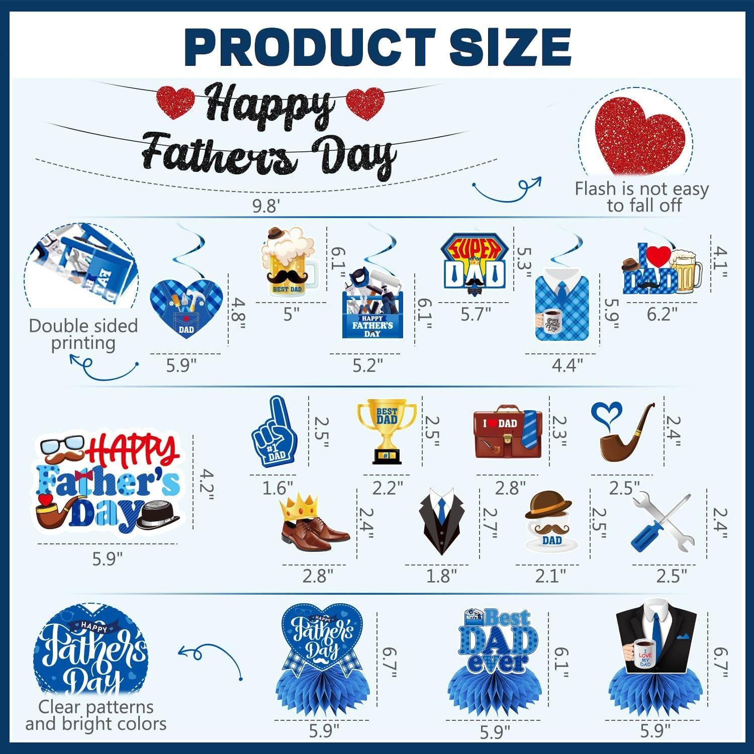 39PCS Father's Day Decorations Set Banner Backdrop Tablecloth Balloons Hanging Swirls Party Supplies