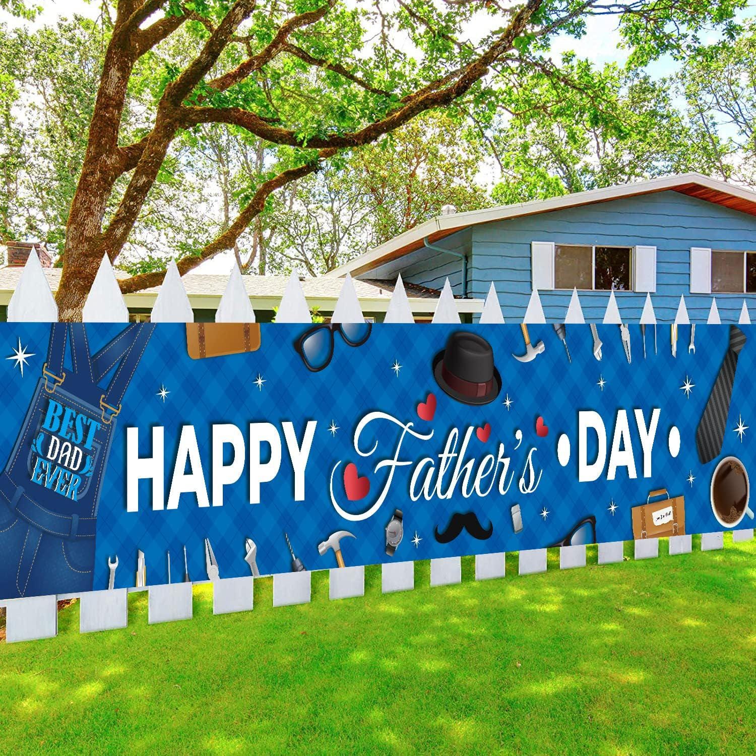 Happy Father's Day Dark Blue Banner Backdrop & Yard Sign Decorations for Indoor Outdoor Party