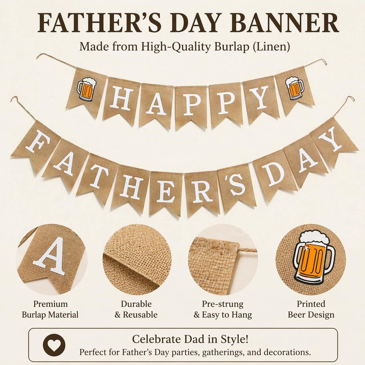 Rustic Burlap Happy Father's Day Banner with Beer Mug Pre-Strung Farmhouse Party Decorations