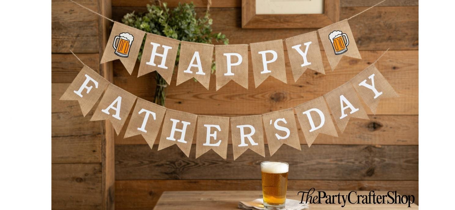 Rustic Burlap Happy Father's Day Banner with Beer Mug Pre-Strung Farmhouse Party Decorations