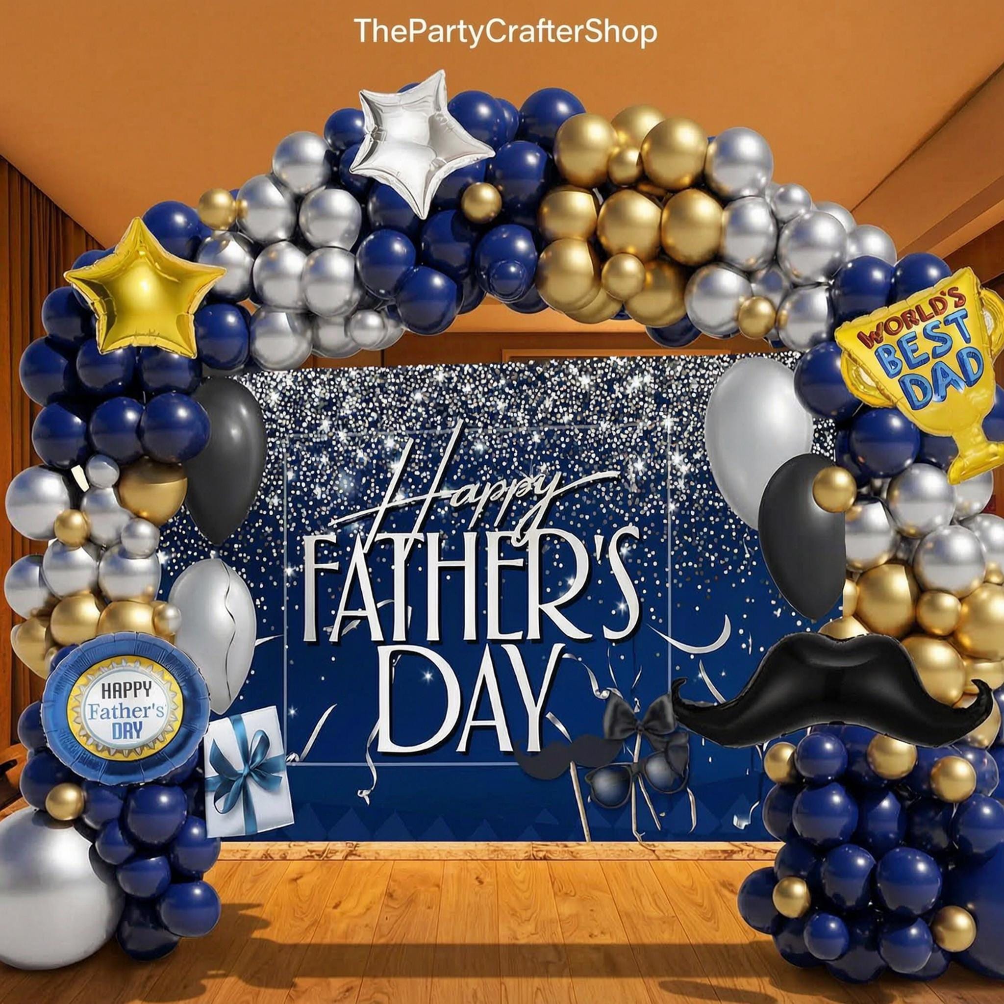 Father's Day Balloon Garland Arch Kit: Navy Blue, Silver, Gold Decorations, Backdrop