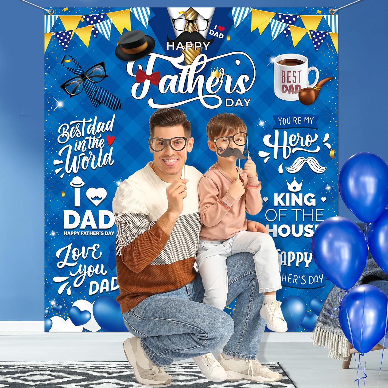 Happy Father's Day Large Photo Backdrop Banner Blue Tie Hat Party Decorations for Dad
