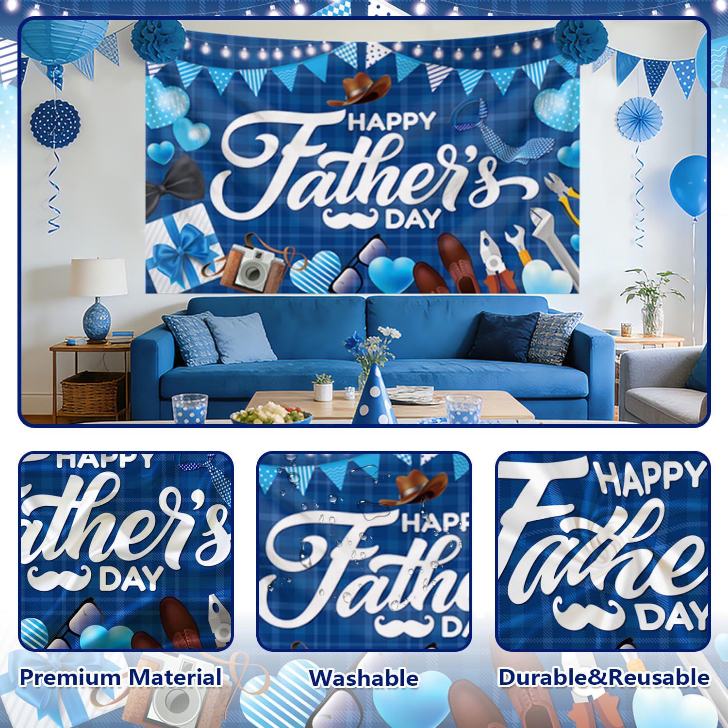Happy Father's Day Large Blue Backdrop Banner 71x43 Inch Indoor Outdoor Party Decorations