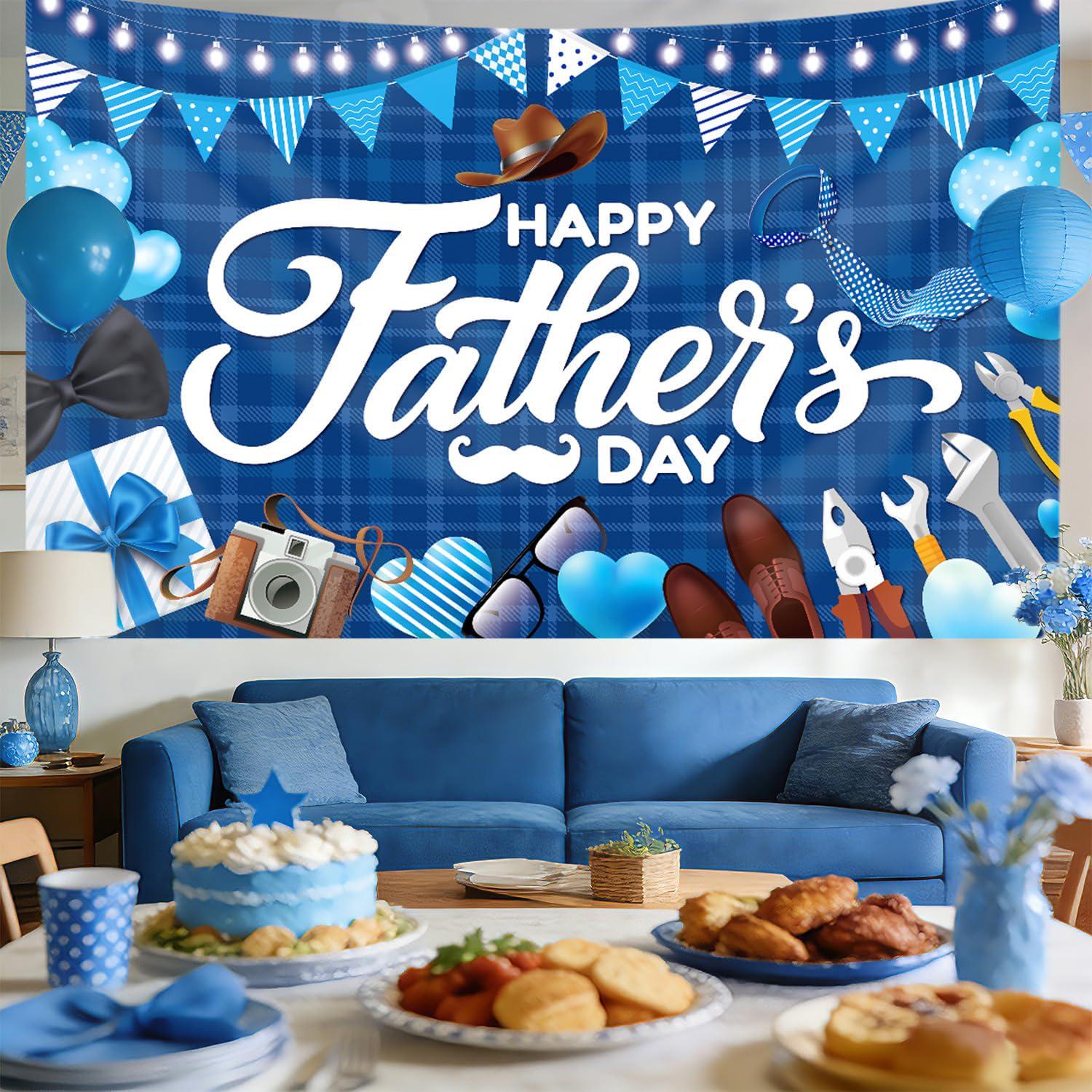 Happy Father's Day Large Blue Backdrop Banner 71x43 Inch Indoor Outdoor Party Decorations