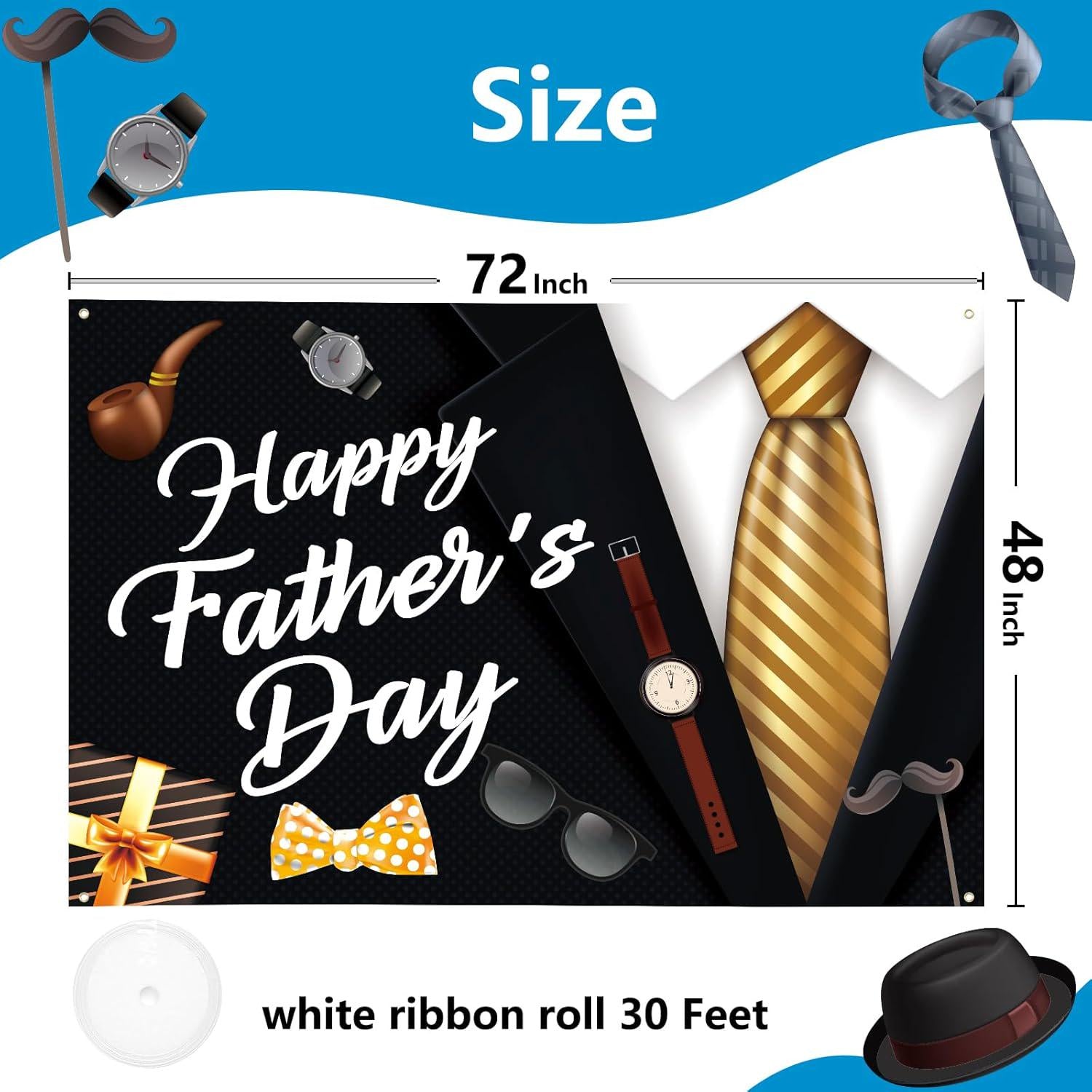 72x48 Inch Happy Father's Day Backdrop Banner Black Suit Tie Party Decorations Photo Background