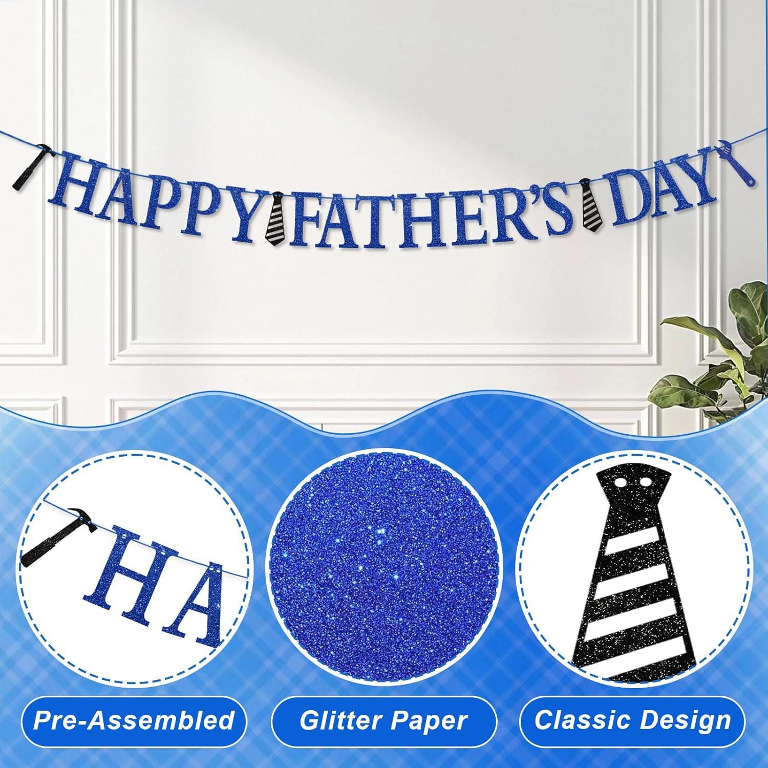 Glitter Happy Father's Day Banner Sparkling Blue Hanging Decorations for Dad Birthday Retirement Party