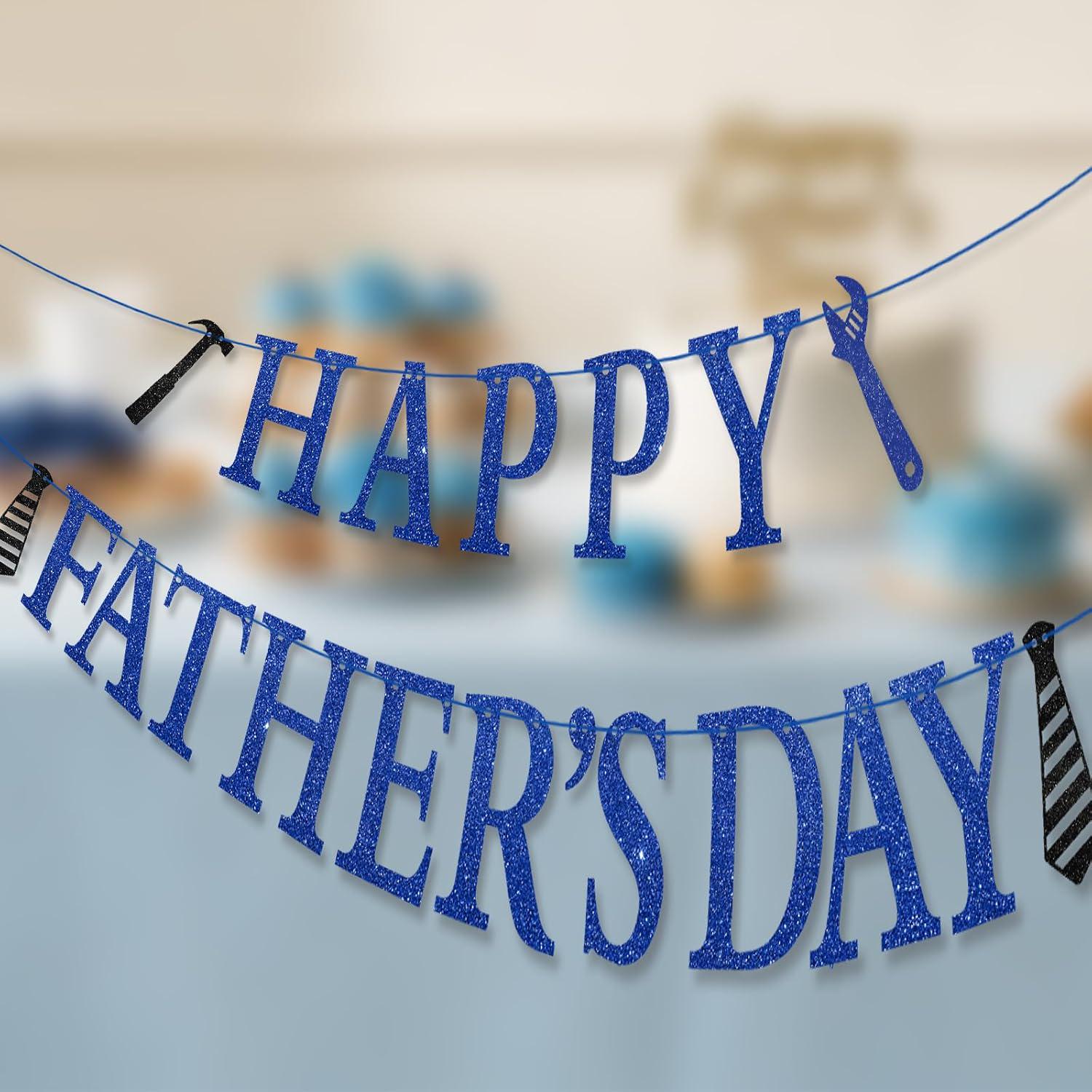 Glitter Happy Father's Day Banner Sparkling Blue Hanging Decorations for Dad Birthday Retirement Party