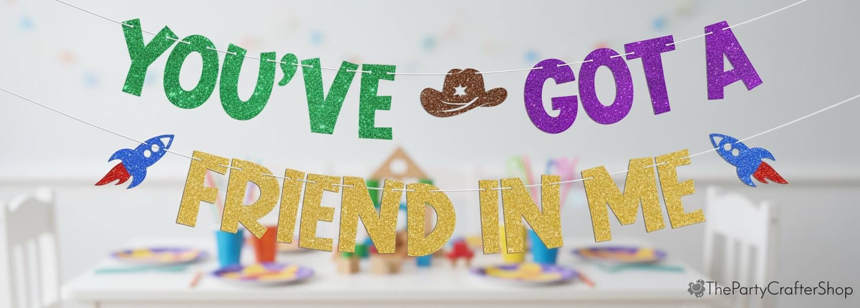 Colorful Friendship Birthday Banner Space Cowboy Rocket Backdrop Party Decorations