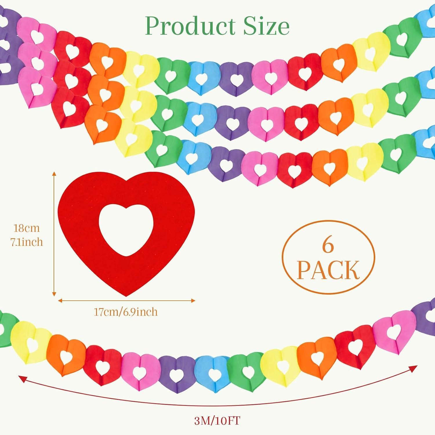 6 Pack Rainbow Heart Garland Banner 60 Ft Colorful Hanging Party Decorations