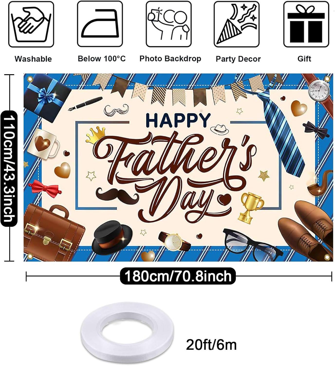 Happy Father's Day Blue Backdrop Banner, Dad Photography Party Decorations