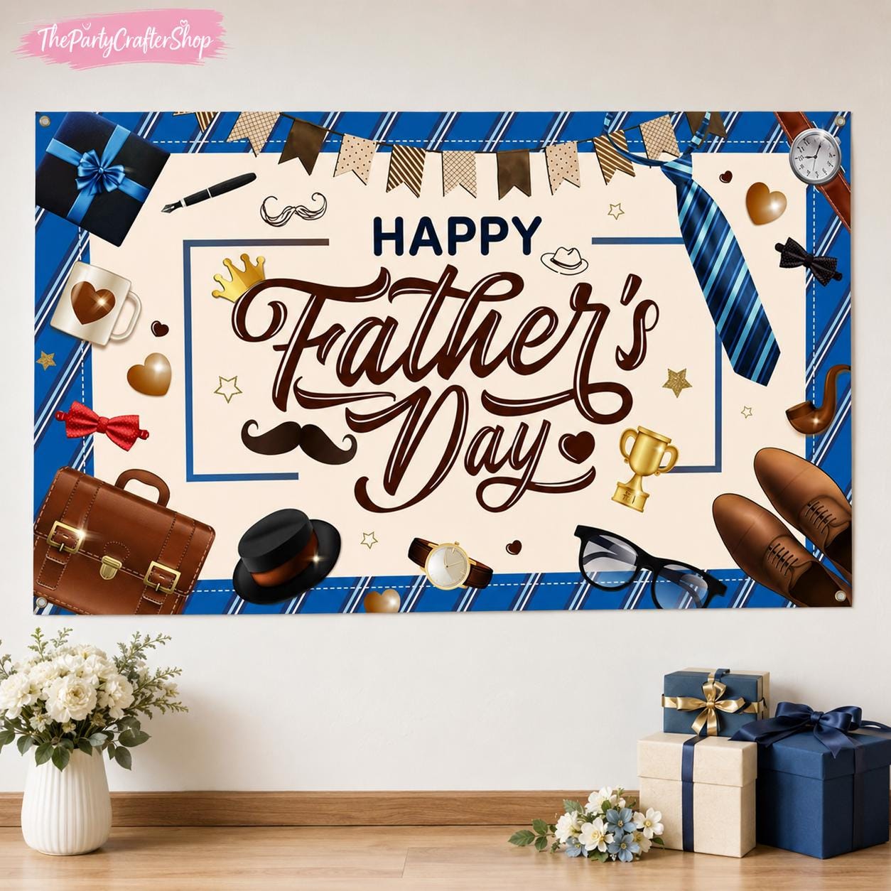 Happy Father's Day Blue Backdrop Banner, Dad Photography Party Decorations