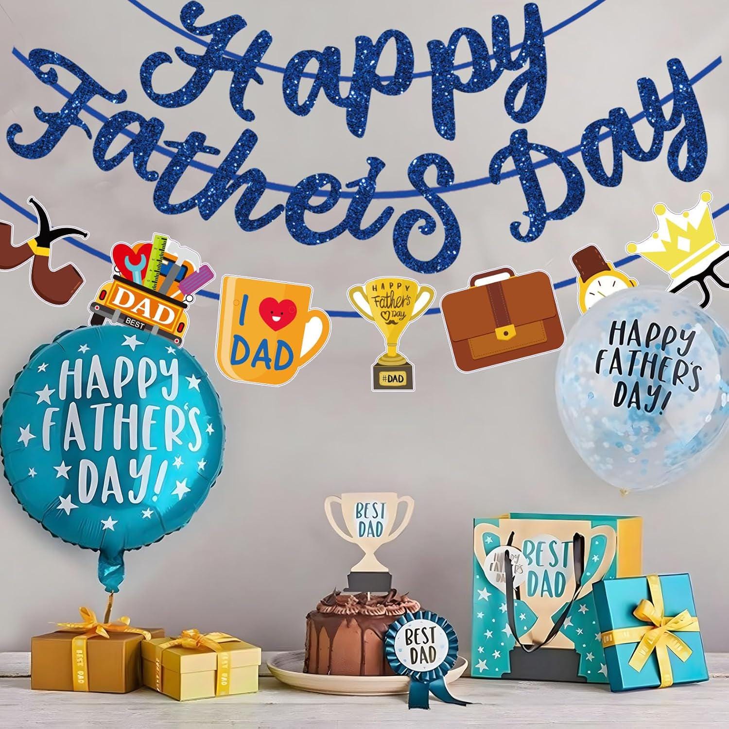 Happy Father's Day Blue Glitter Banner Pre-Assembled Party Decorations for Home Celebration
