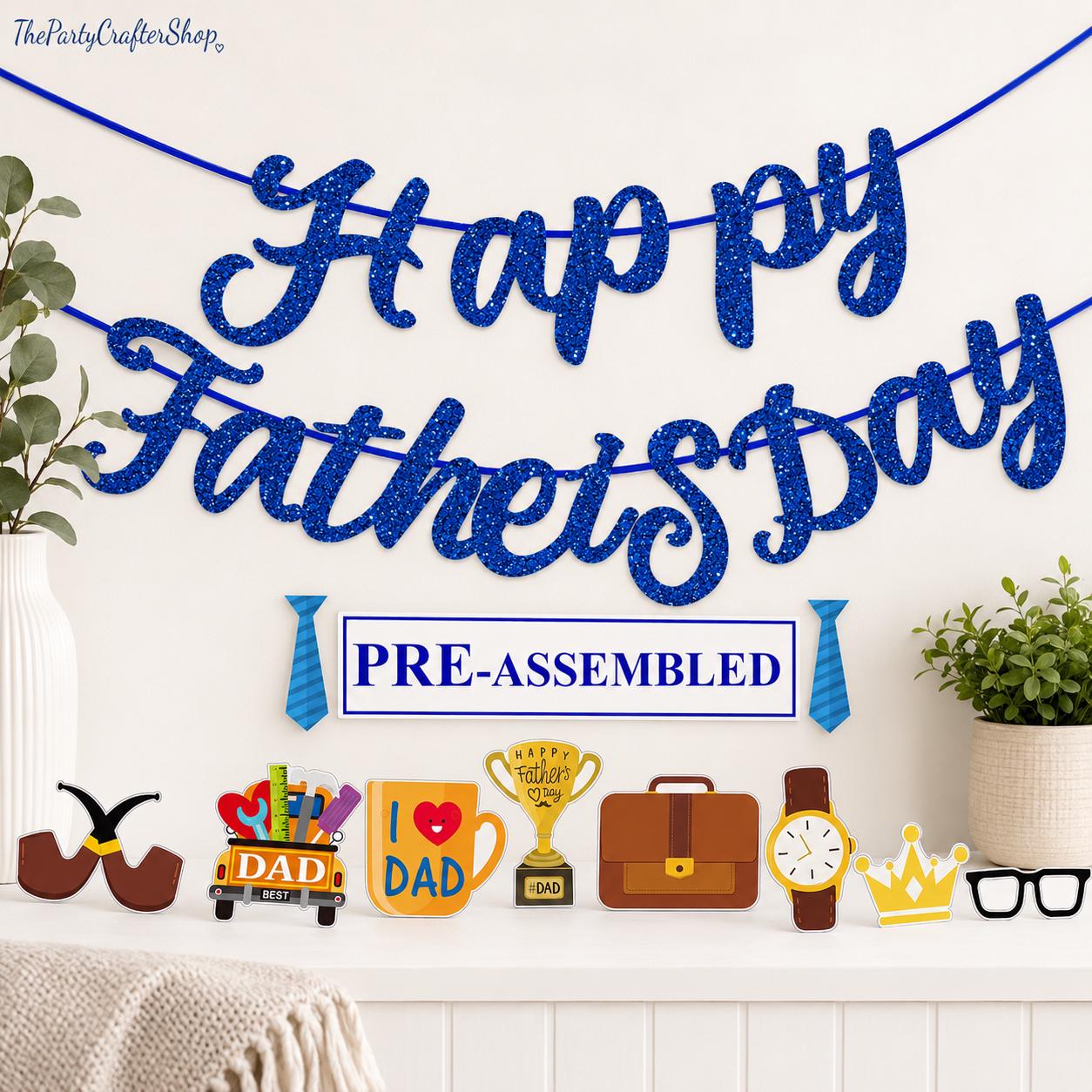 Happy Father's Day Blue Glitter Banner Pre-Assembled Party Decorations for Home Celebration