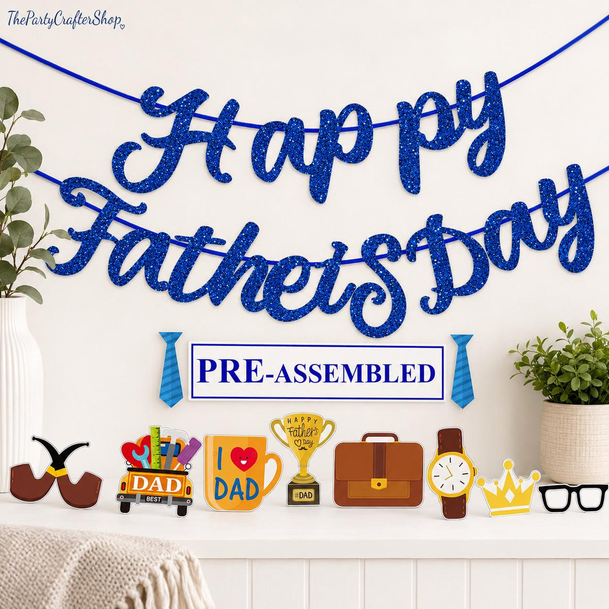 Happy Father's Day Blue Glitter Banner Pre-Assembled Party Decorations for Home Celebration