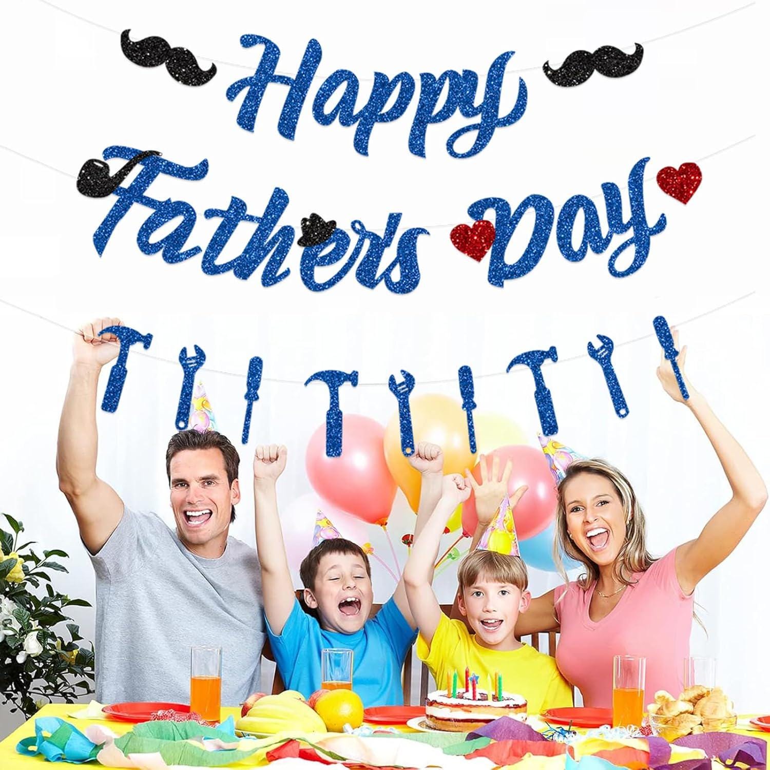 Glitter Happy Father's Day Blue Banner Garland Decorations for Dad & Papa Party Supplies