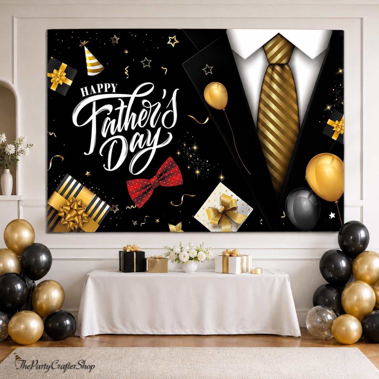 Happy Father's Day Black Gold Tuxedo Tie Backdrop Banner 71x43 Inch Party Decorations