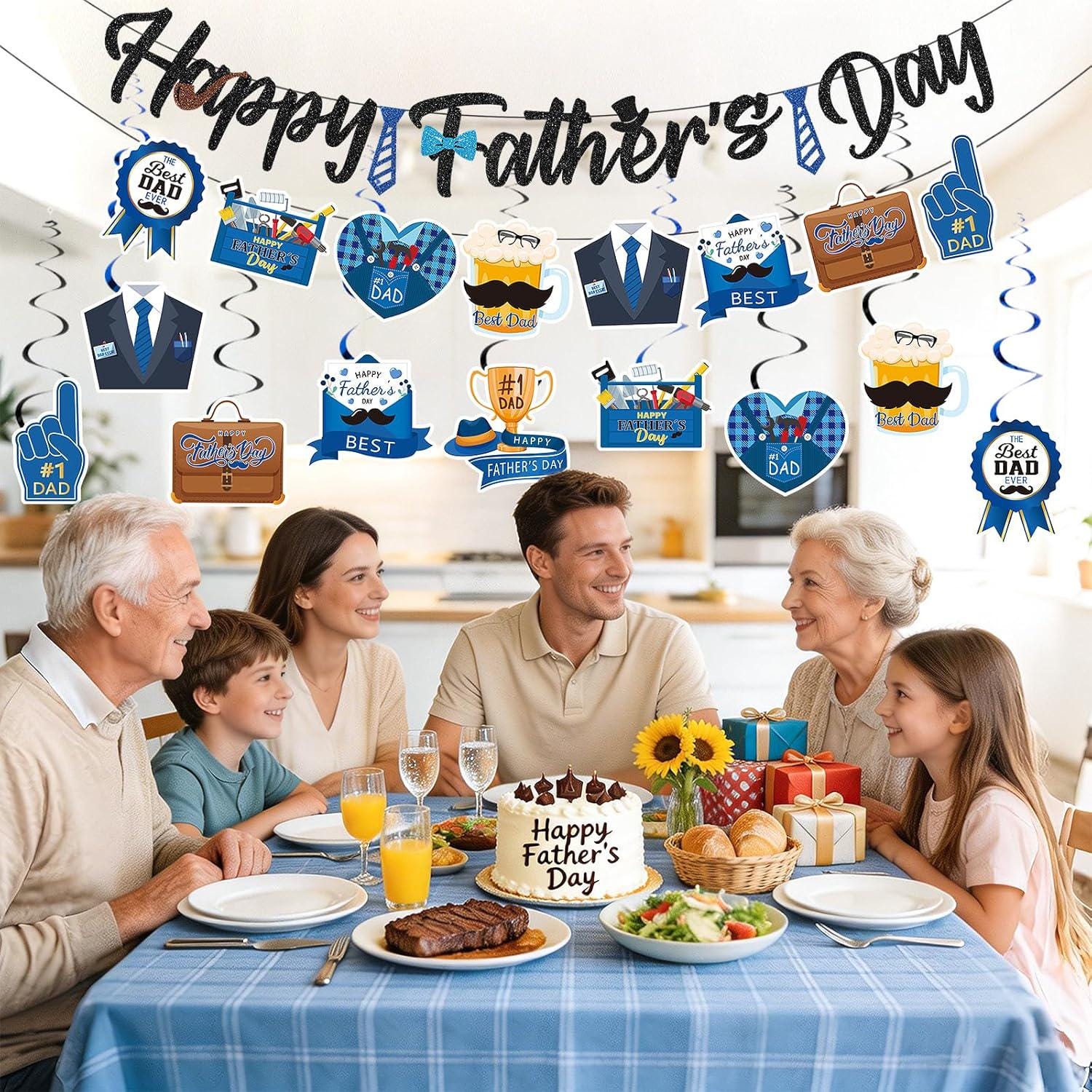 20PCS Father's Day Decorations Set Glitter Banner Hanging Swirls Blue Theme Party Supplies