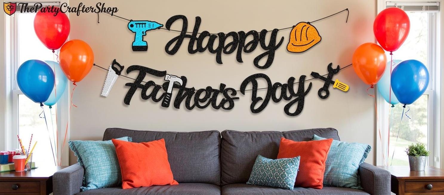 Happy Father's Day Banner: Tools Theme, Black Glitter Decorations