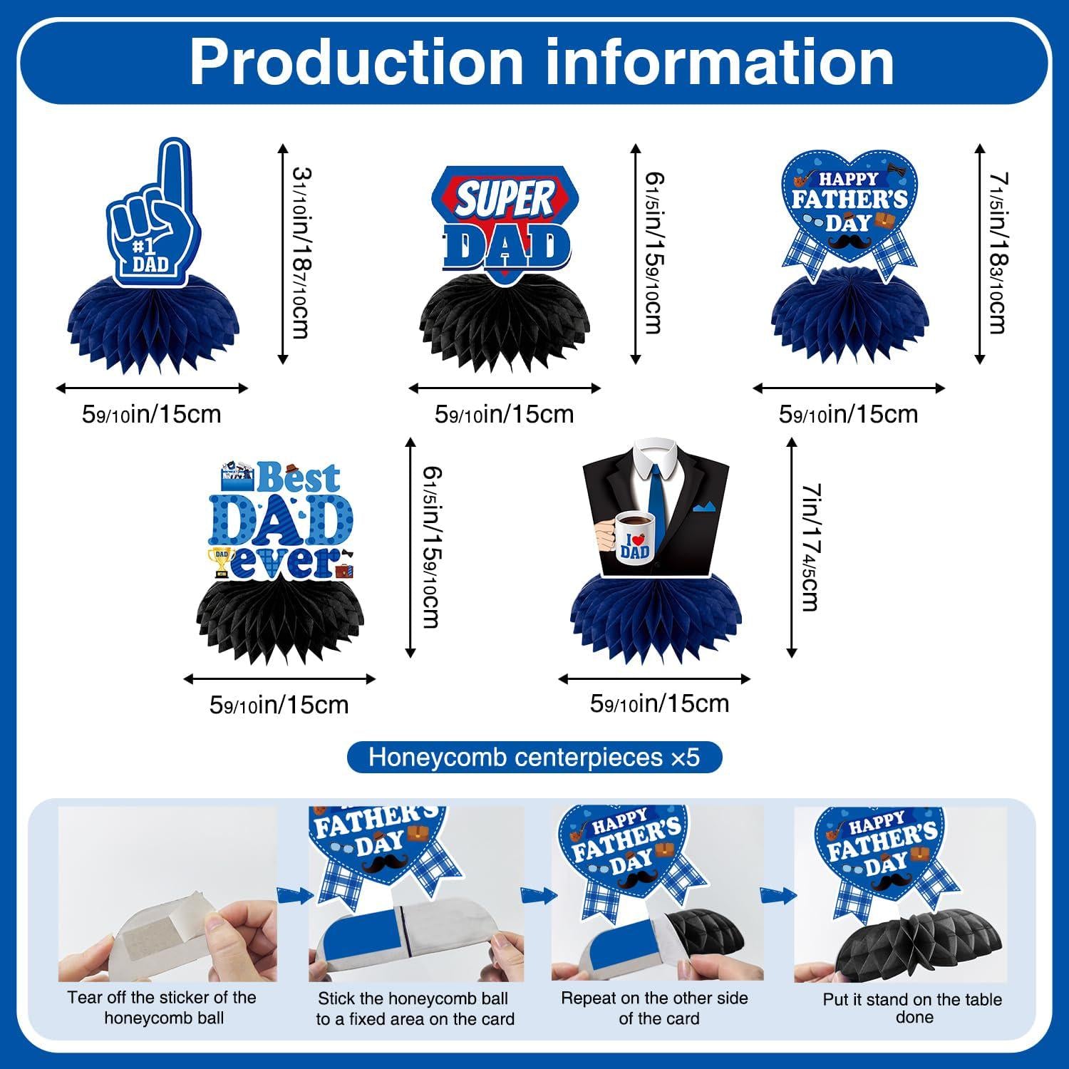 23PCS Father's Day Decorations Set Pre-Assembled Banner Hanging Swirls Honeycomb Centerpieces