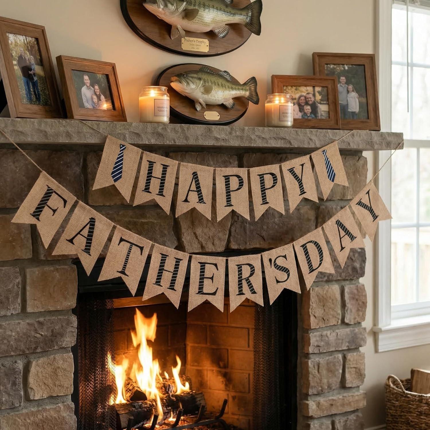 Rustic Burlap Happy Father's Day Banner with Tie Design Party Backdrop Decorations for Dad