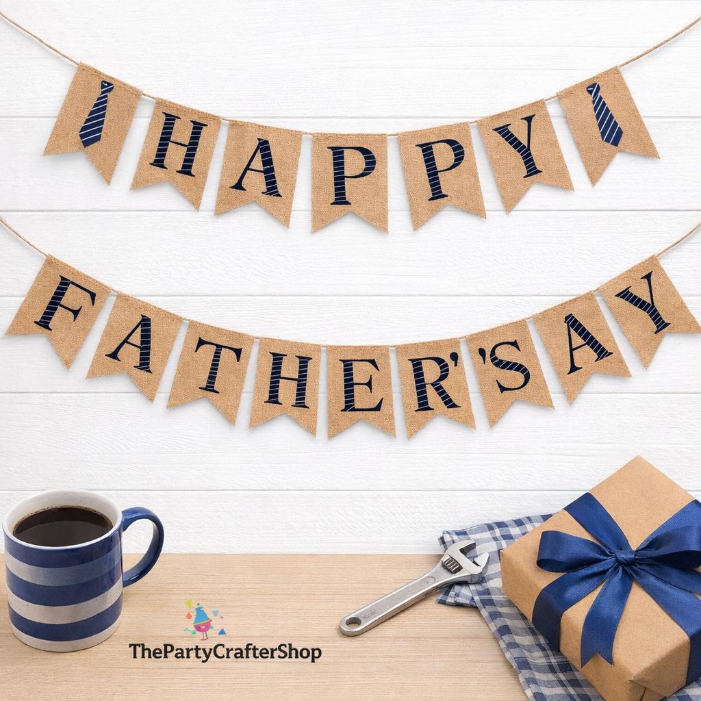 Rustic Burlap Happy Father's Day Banner with Tie Design Party Backdrop Decorations for Dad